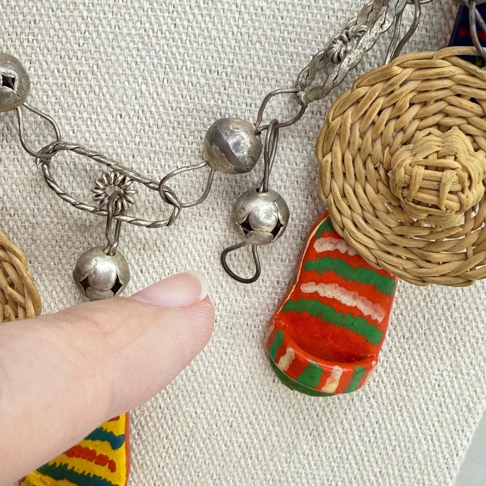 Vintage Mexican Wedding Necklace Folk Art Sombrero Huarache Charms Silver Tone